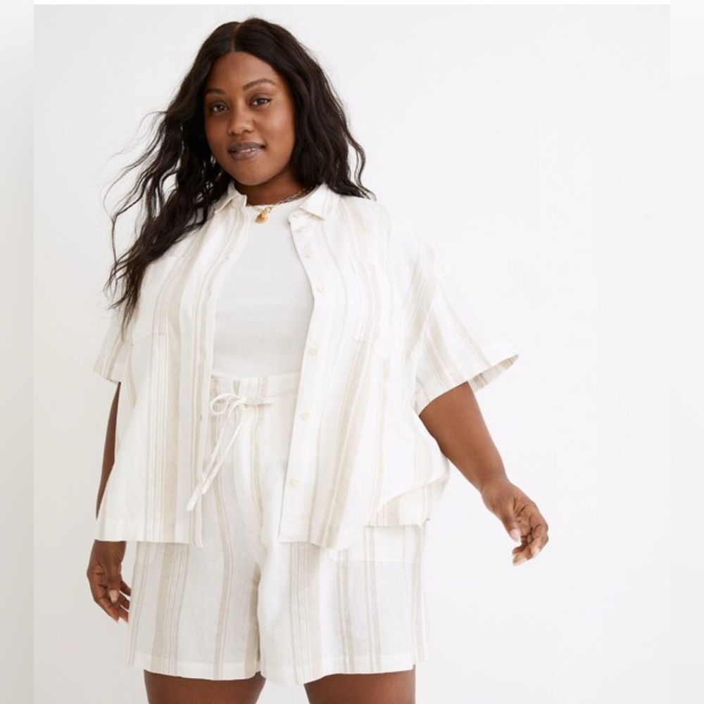 Madewell Plus Linen-Blend Short Sleeve Safari Shirt Ivory Tan Stripe 3X